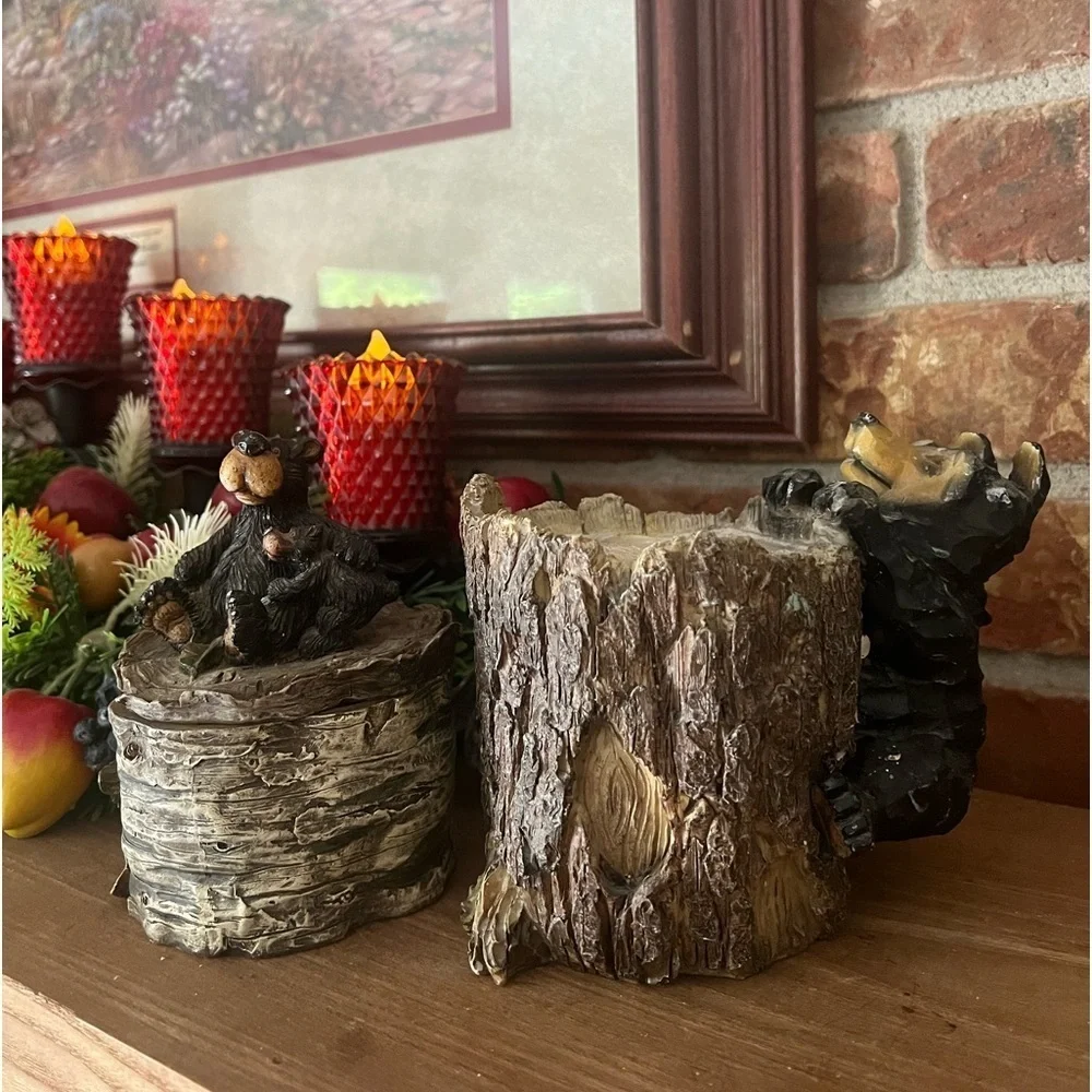 Vintage 1981 Black Bear Cabin Lodge Rustic Trinket Box & Toothbrush Holder Decor